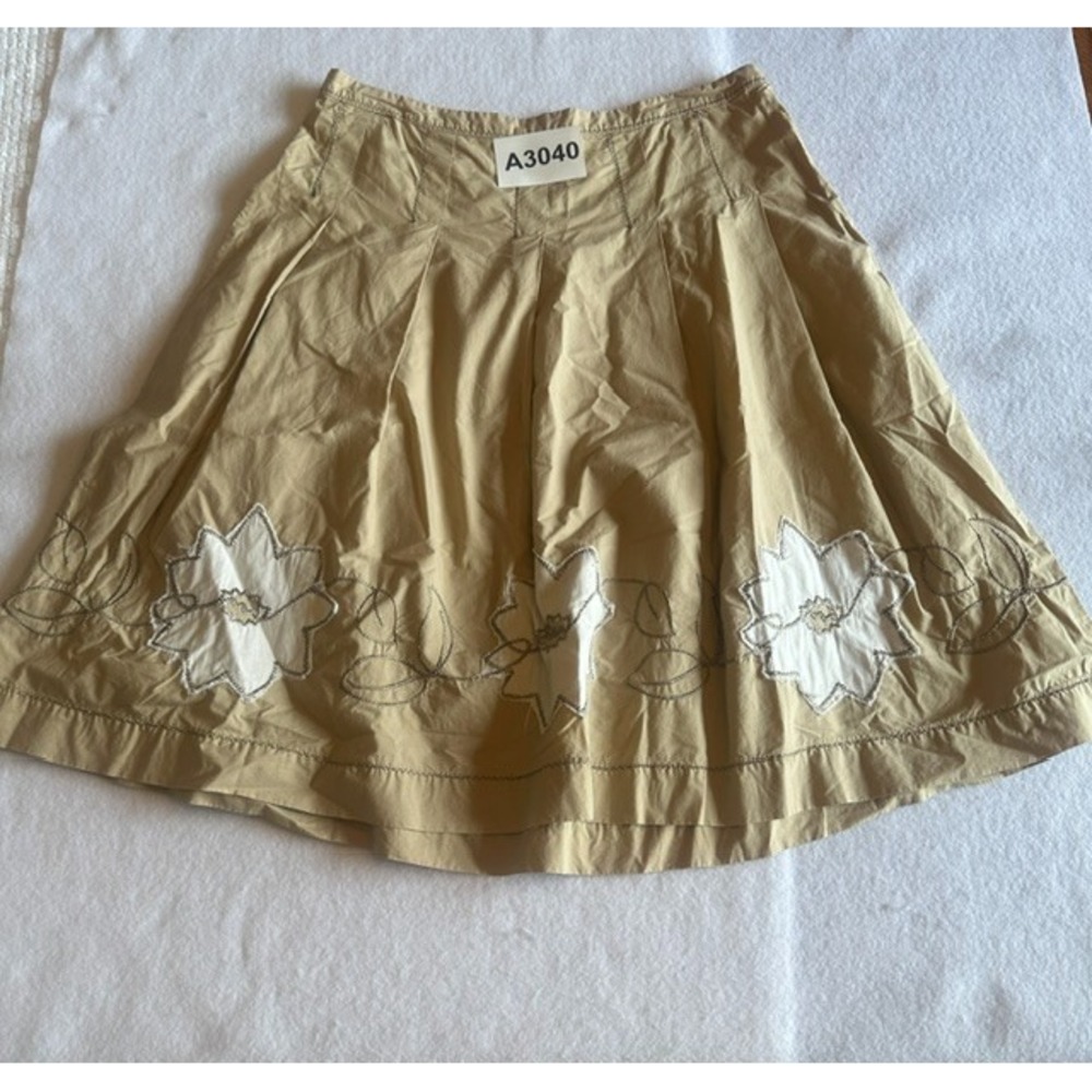 Merona Floral Pleated A Line Skirt Womens 10 Tan Khaki Embroidered Cotton Boho